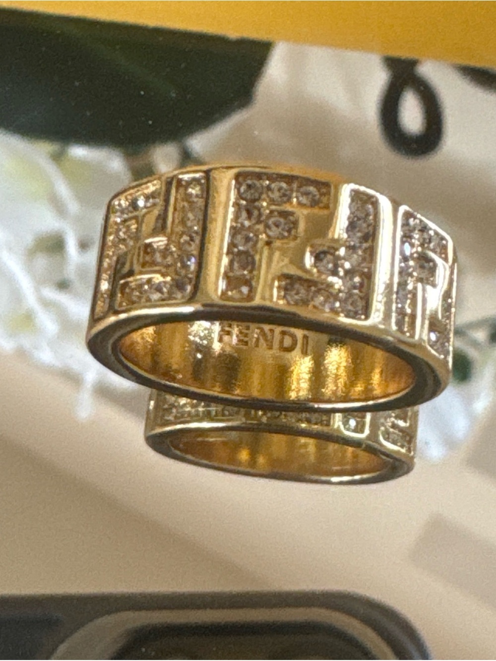 Fendi Silver Crystal-Embellished Logo Band Ring